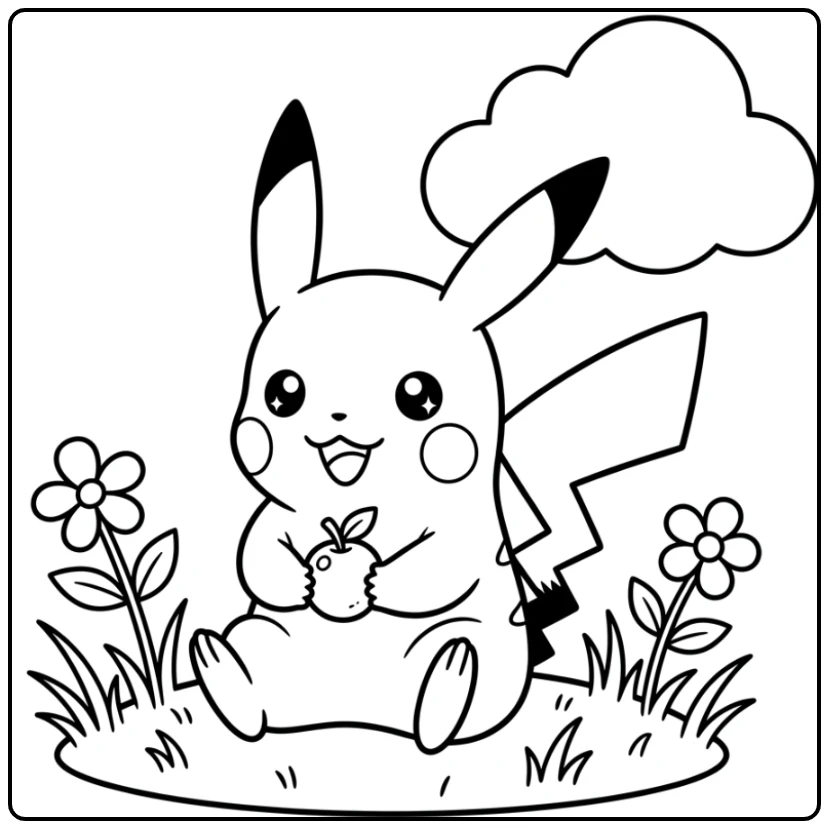 Vrolijke pokemon kleurplaat makkelijk: Pikachu met besje op gras.