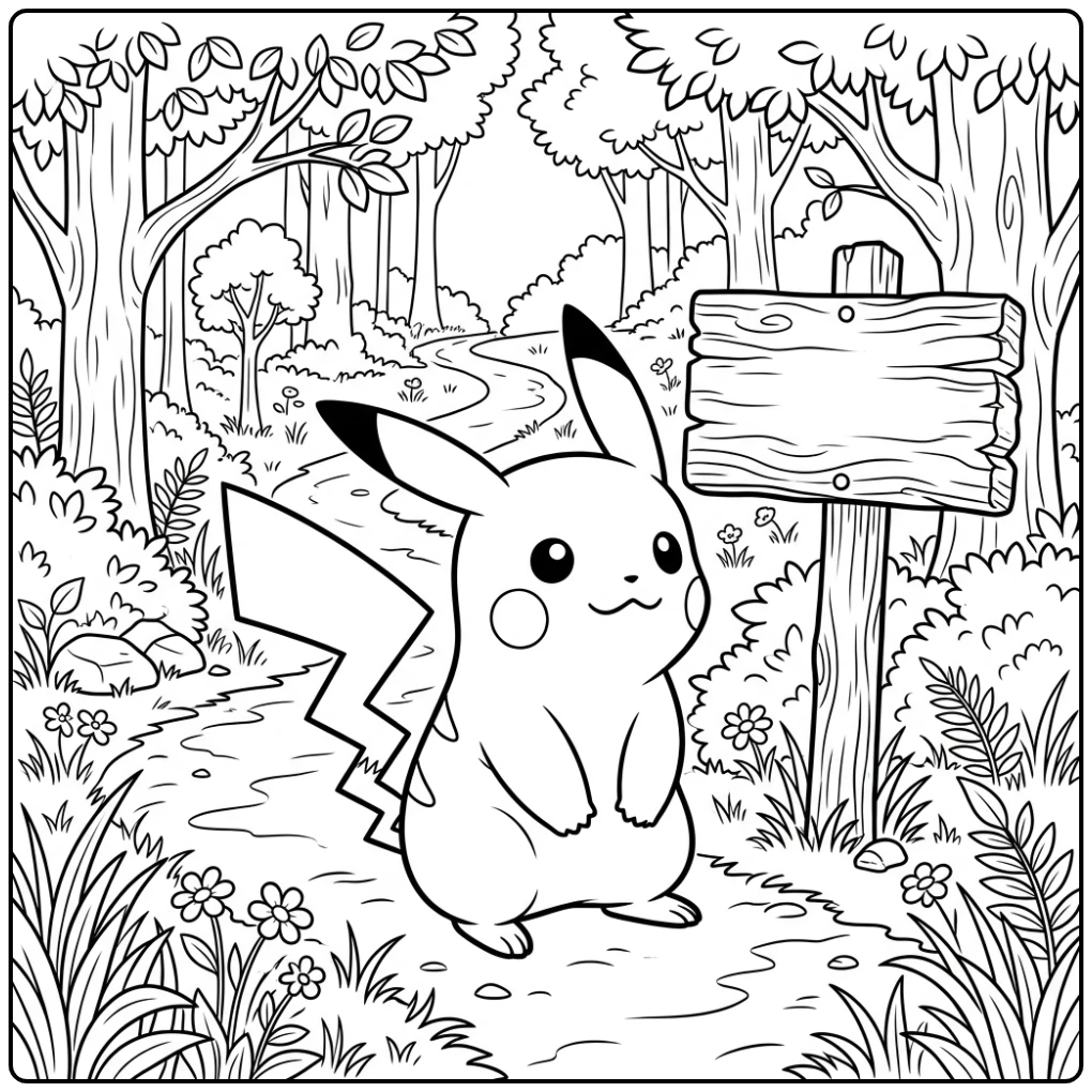 Leuke pikachu kleurplaat bij een houten bord in het bos.