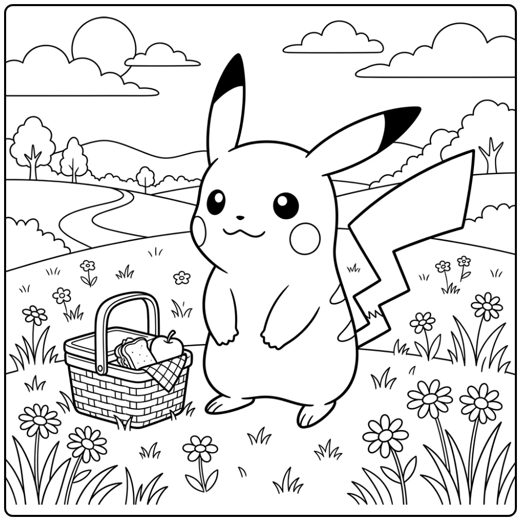 Een leuke pikachu kleurplaat met een picknickmand in de wei.