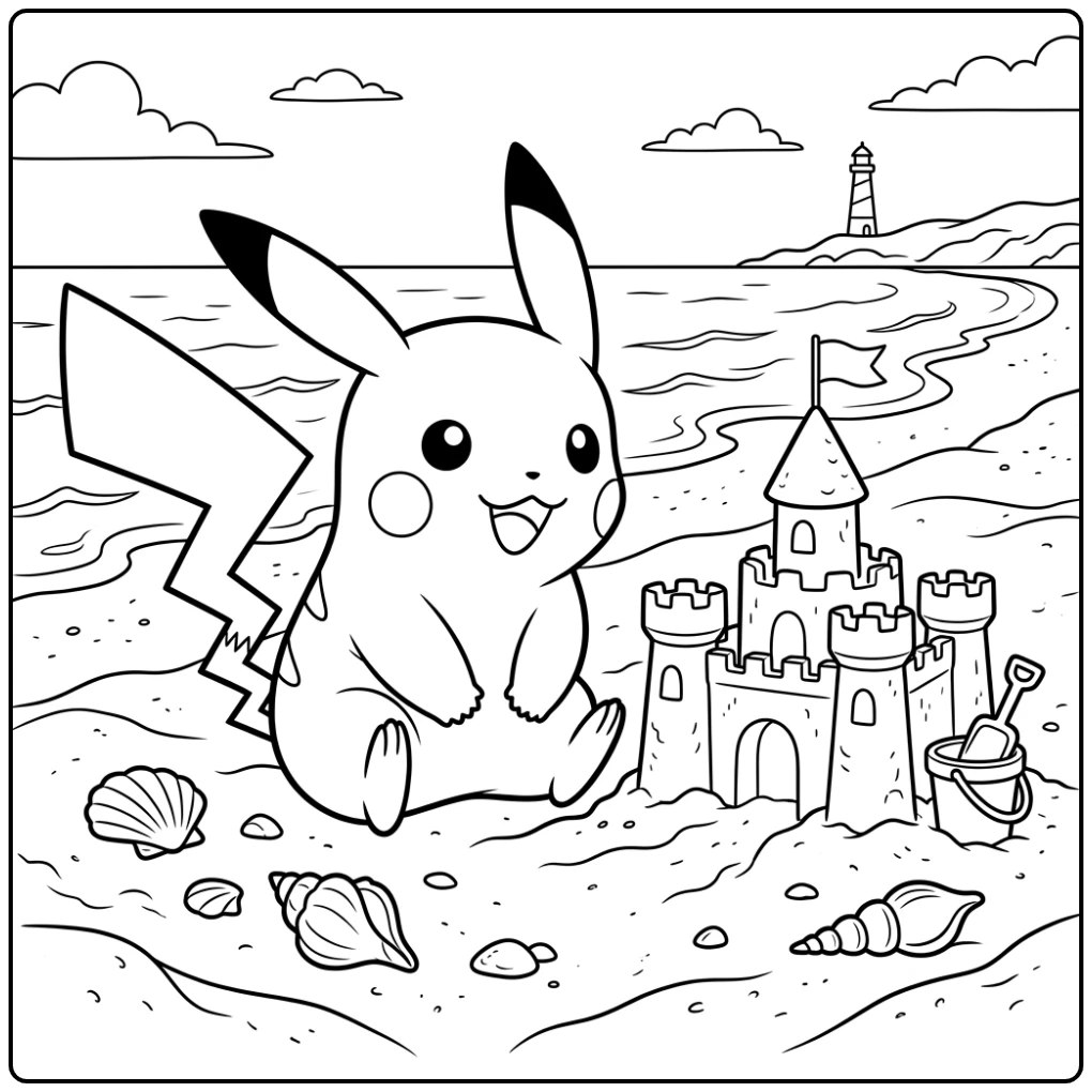 Mooie pikachu kleurplaat met een zandkasteel op het strand.