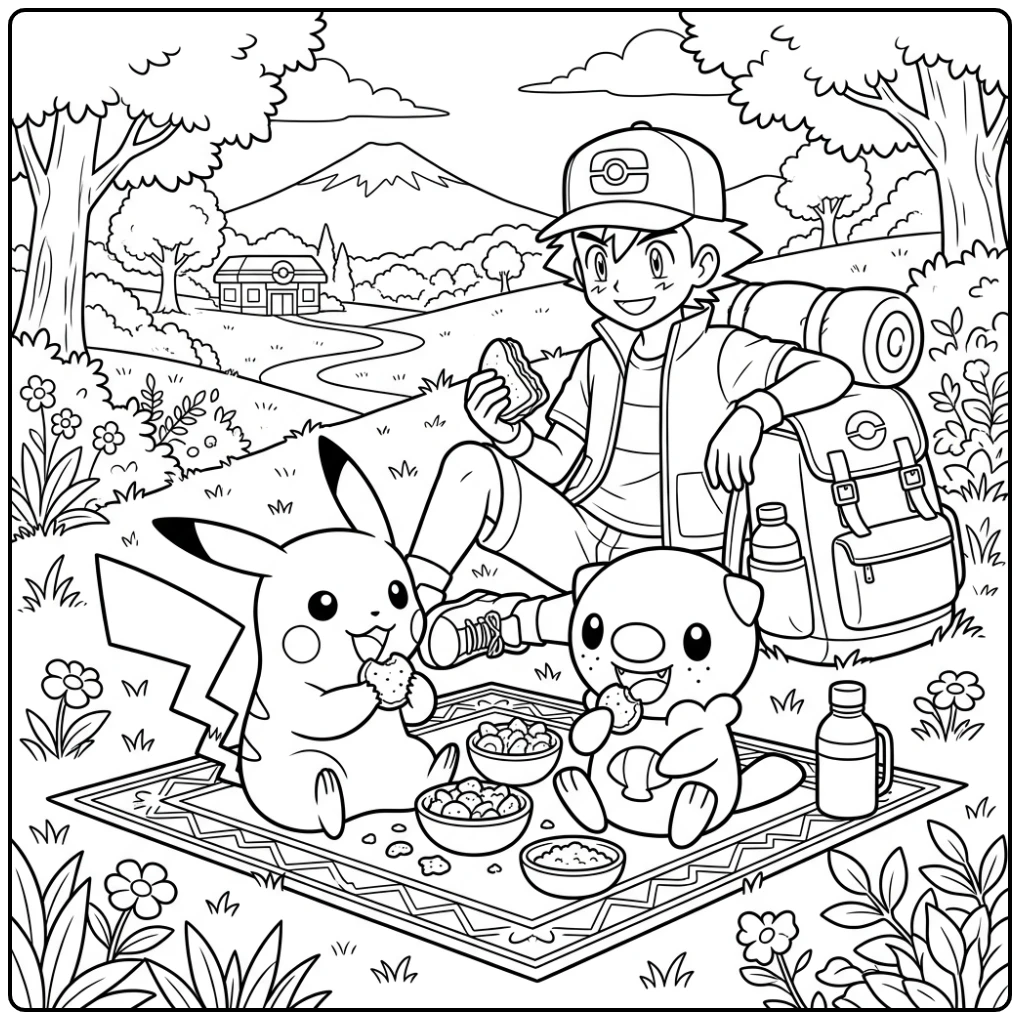 Leuke pikachu kleurplaat met Oshawott en Satoshi met snacks.