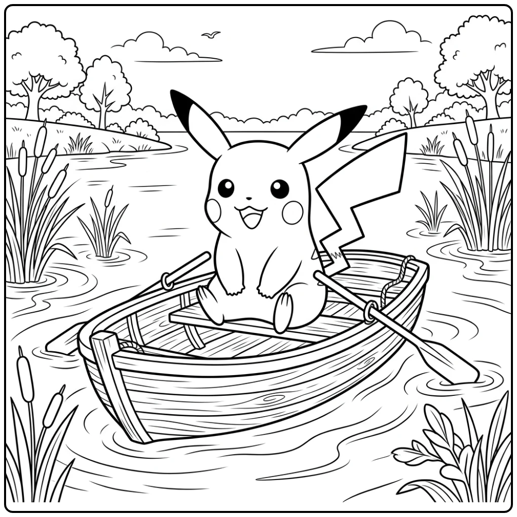 Leuke pikachu kleurplaat in een roeibootje op een vijver.