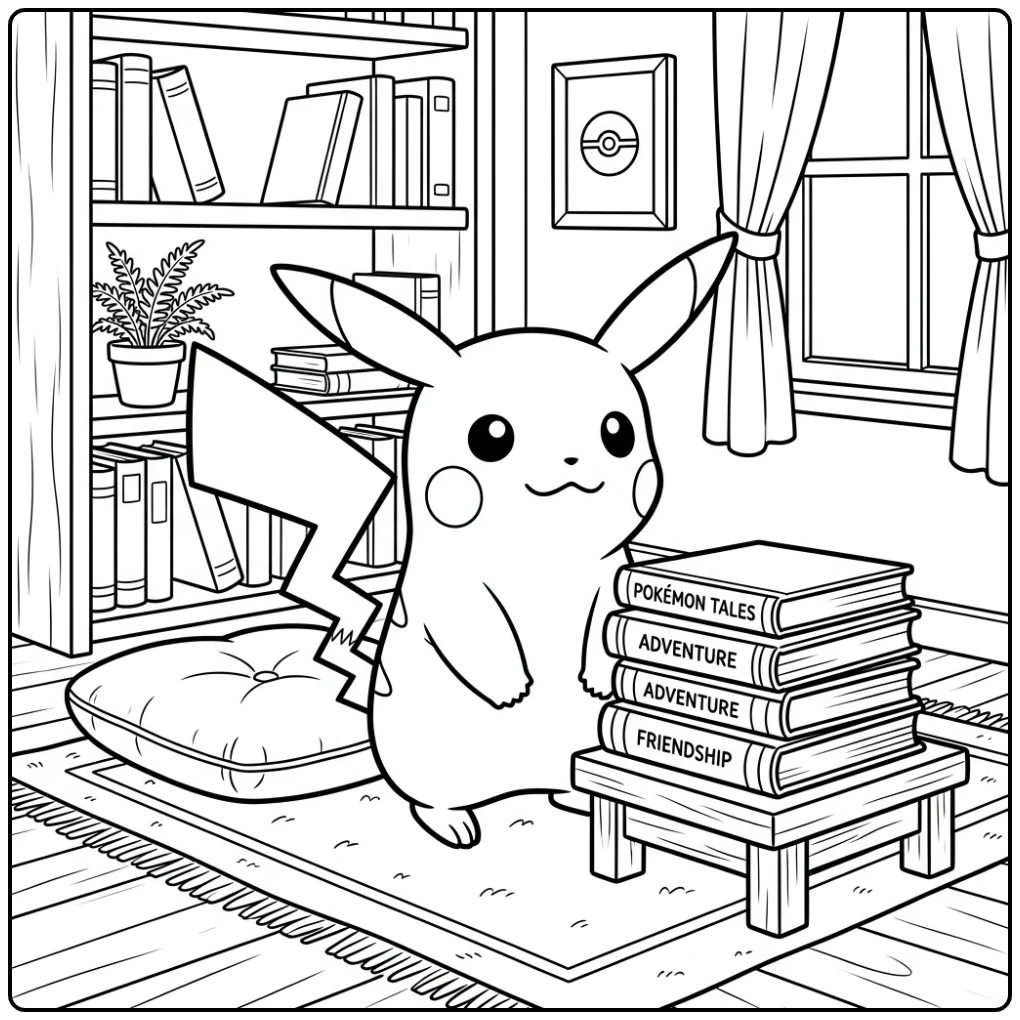 Leuke pikachu kleurplaat met boeken en een leeskussen.