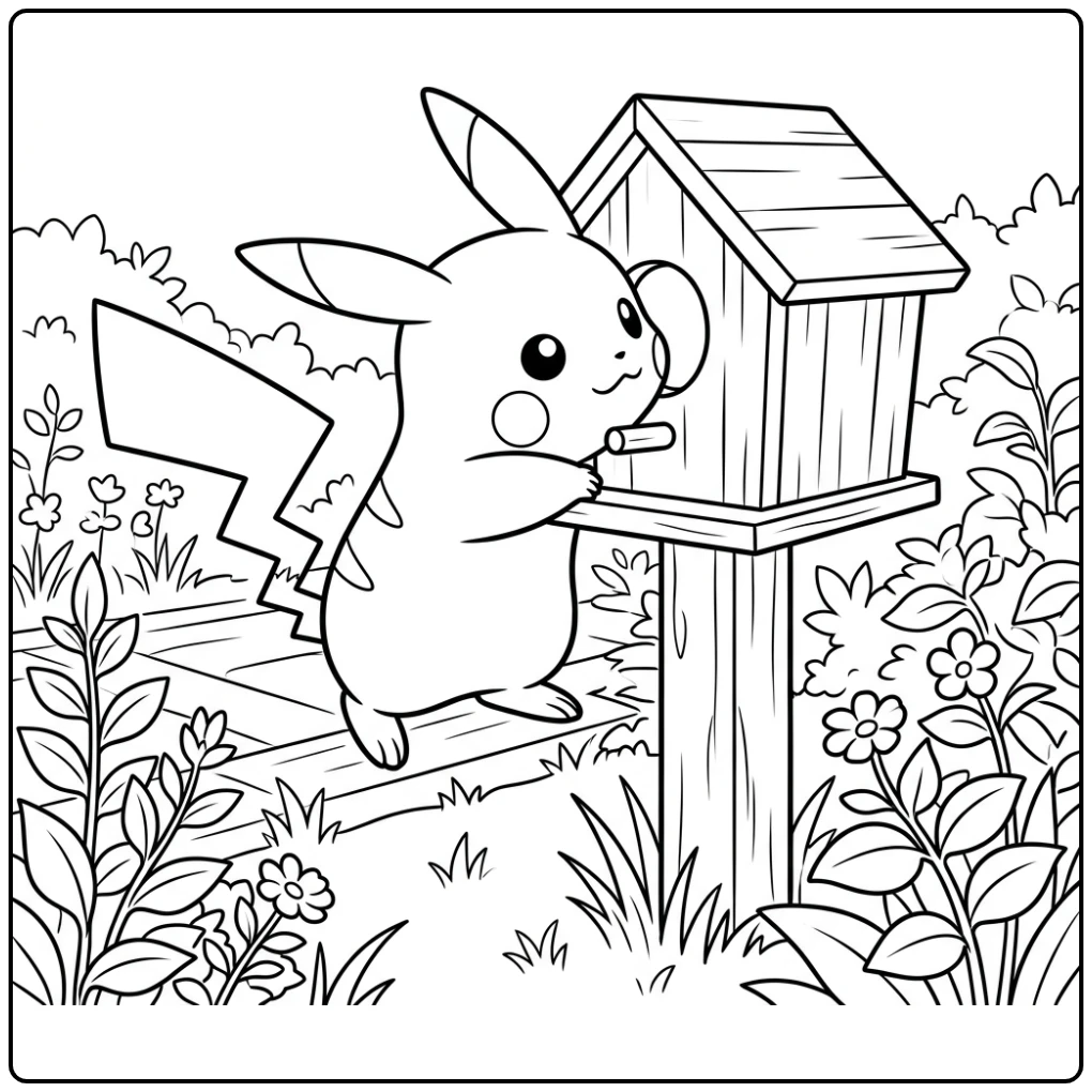 Schattige pikachu kleurplaat bij een houten vogelhuisje