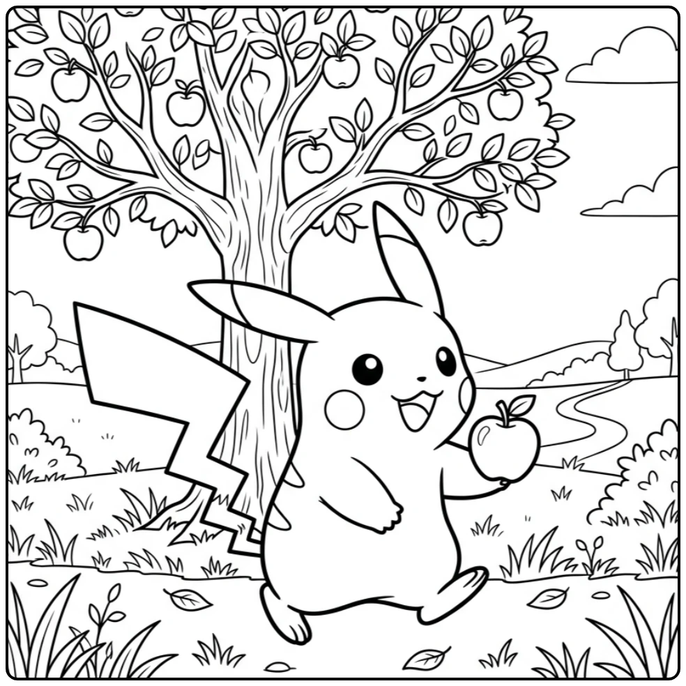 Leuke pikachu kleurplaat met een appel in een boomgaard.