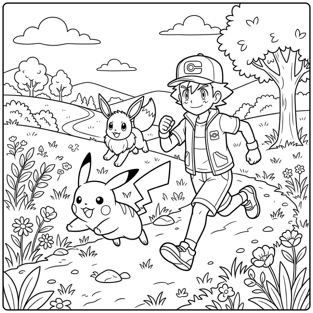 Leuke pikachu kleurplaat met Satoshi en Eevee in een wei.