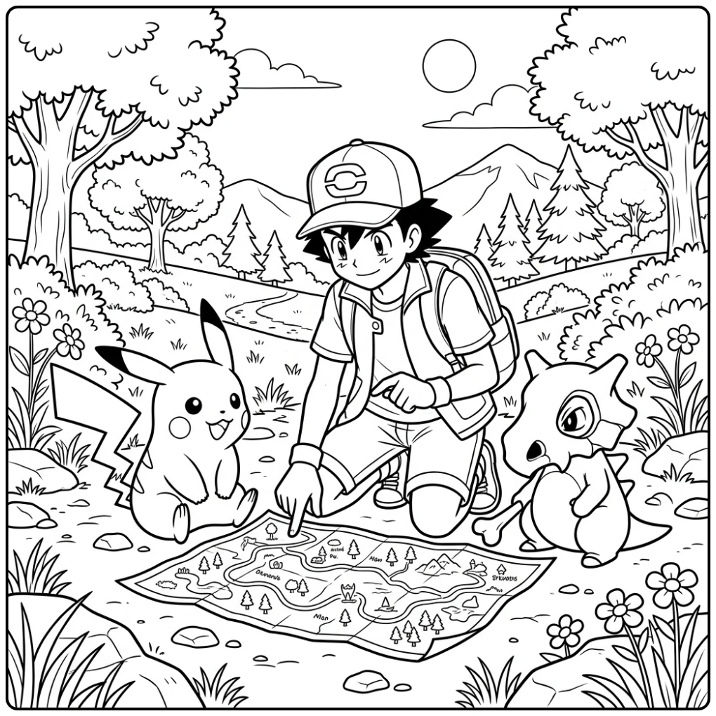 Satoshi bestudeert een kaart op deze leuke pikachu kleurplaat