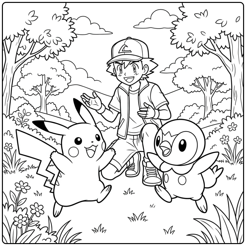 Vrolijke pikachu kleurplaat met Piplup en Satoshi.
