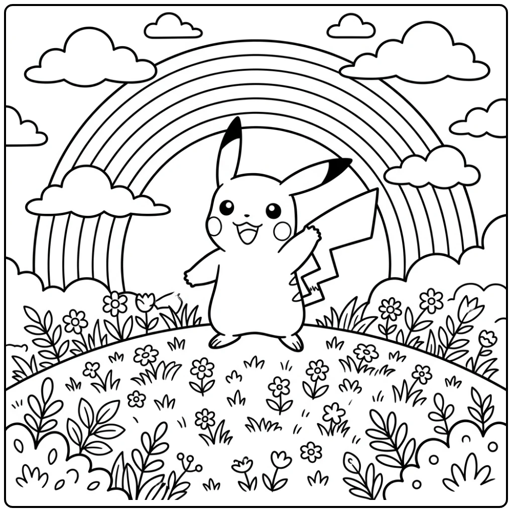 Vrolijke kleurplaat pokemon regenboog met Pikachu op een heuvel.