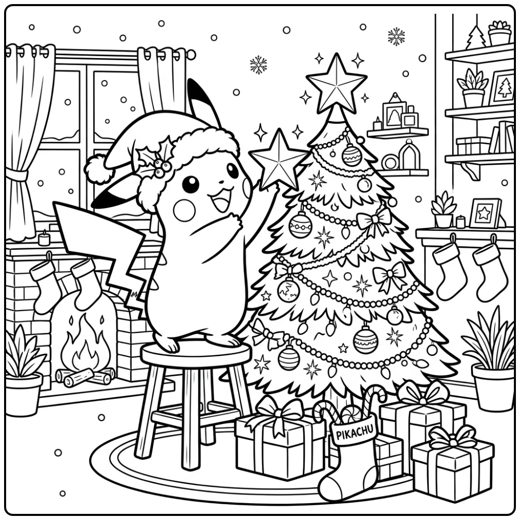 Vrolijke pokemon kerst kleurplaat: Pikachu versiert kerstboom.