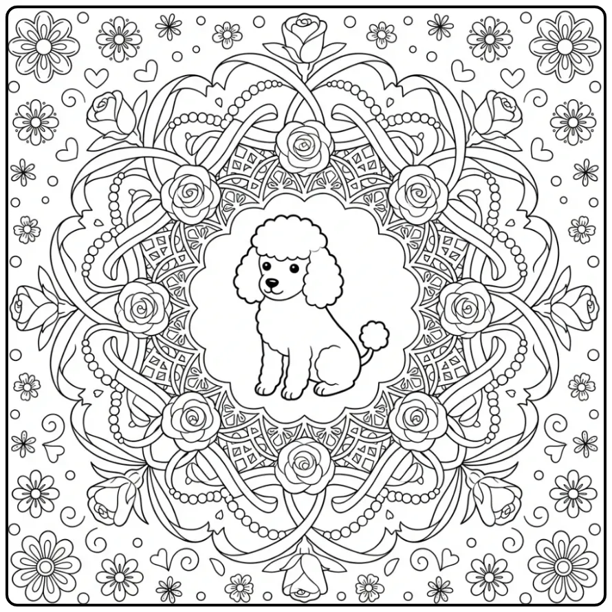 Een poedel in mandala als puppy kleurplaat volwassenen.