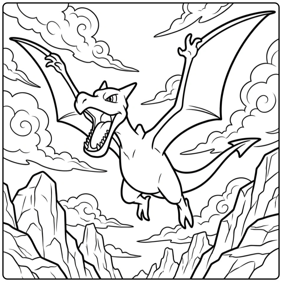 Spannende Pokemon Aerodactyl kleurplaat boven ruige rotsen.