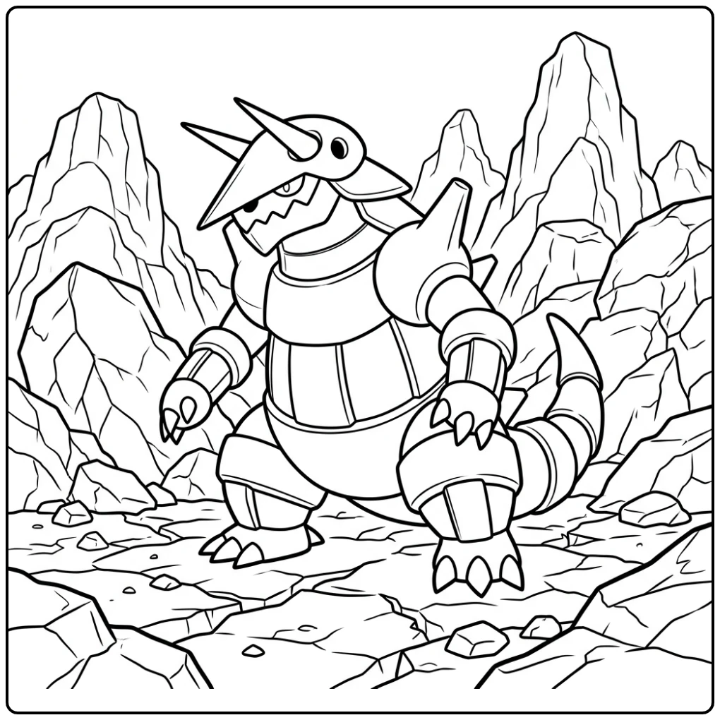 Stoere Pokemon Aggron kleurplaat op een rotsachtig veld.