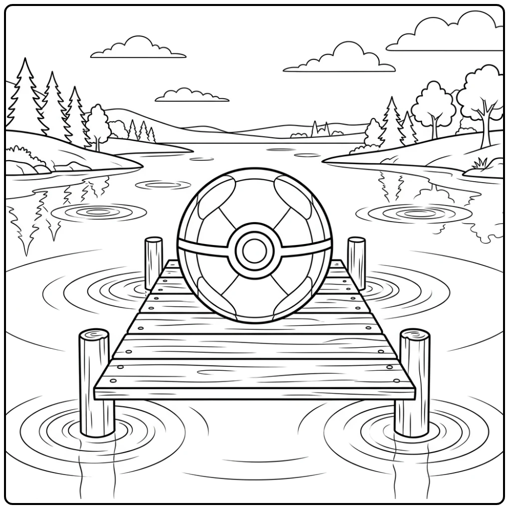 pokemon bal kleurplaat op houten dok boven rustig meer