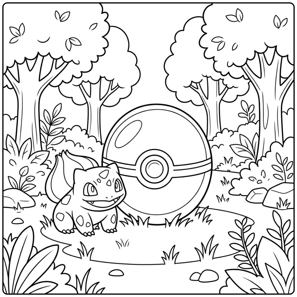 Vrolijke pokemon bal kleurplaat met Bulbasaur in een bosrijke omgeving