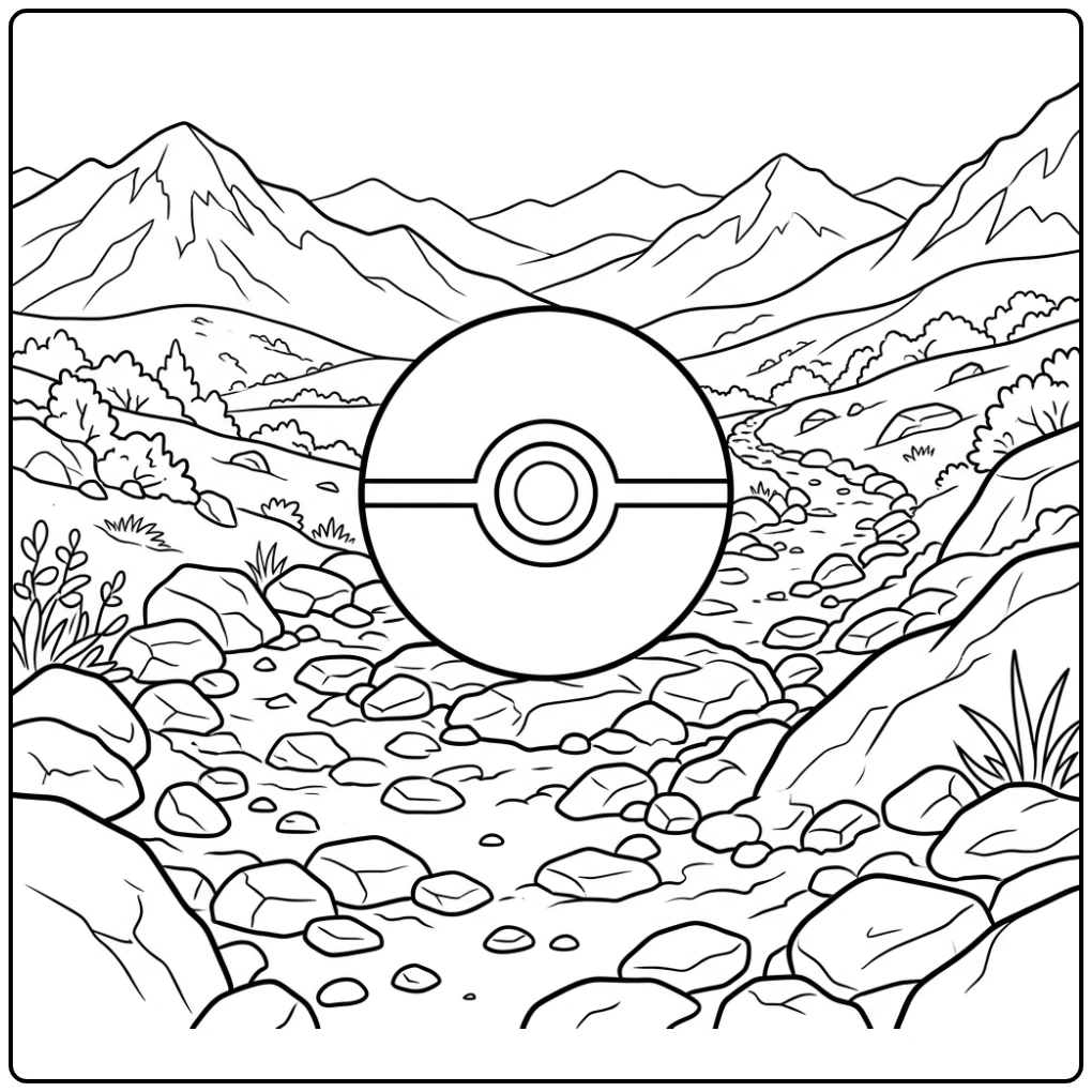 Leuke pokemon bal kleurplaat op een bergpad met rotsen en bergen
