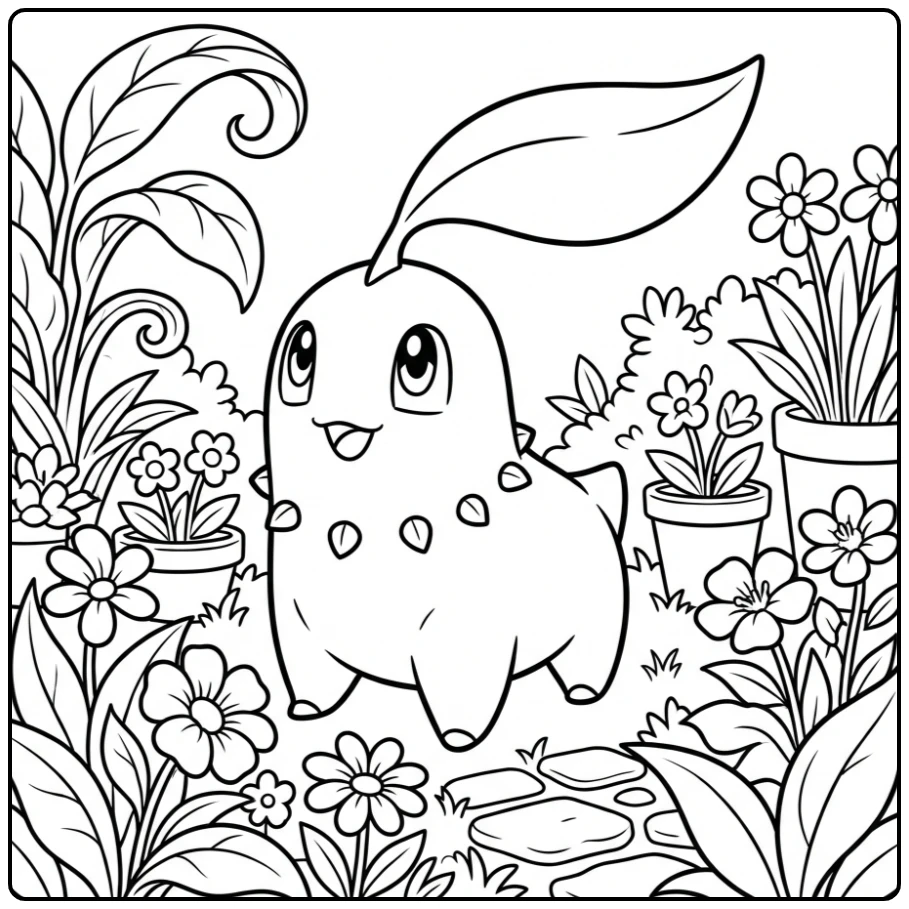 Vrolijke Pokemon Chikorita kleurplaat in een rustige tuin.
