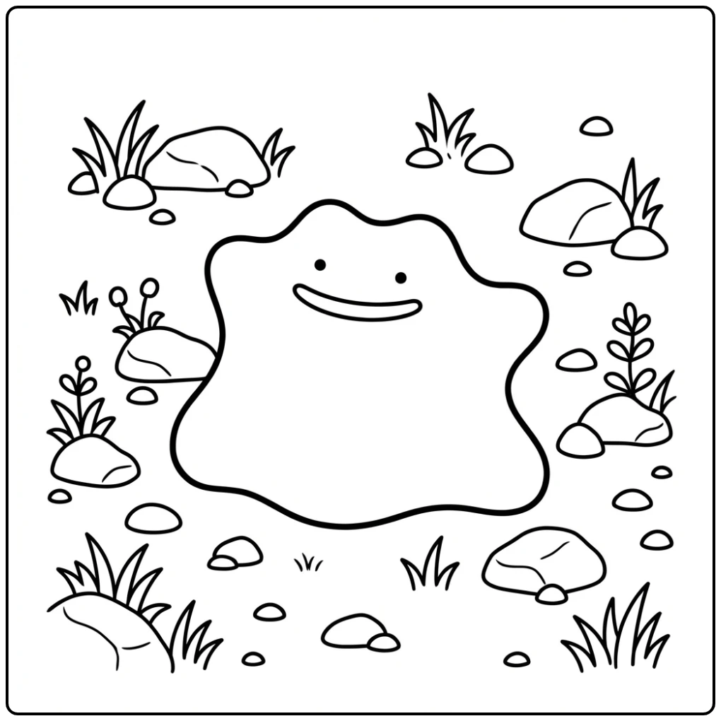 Schattige Pokemon Ditto kleurplaat in een rotsachtig veld.