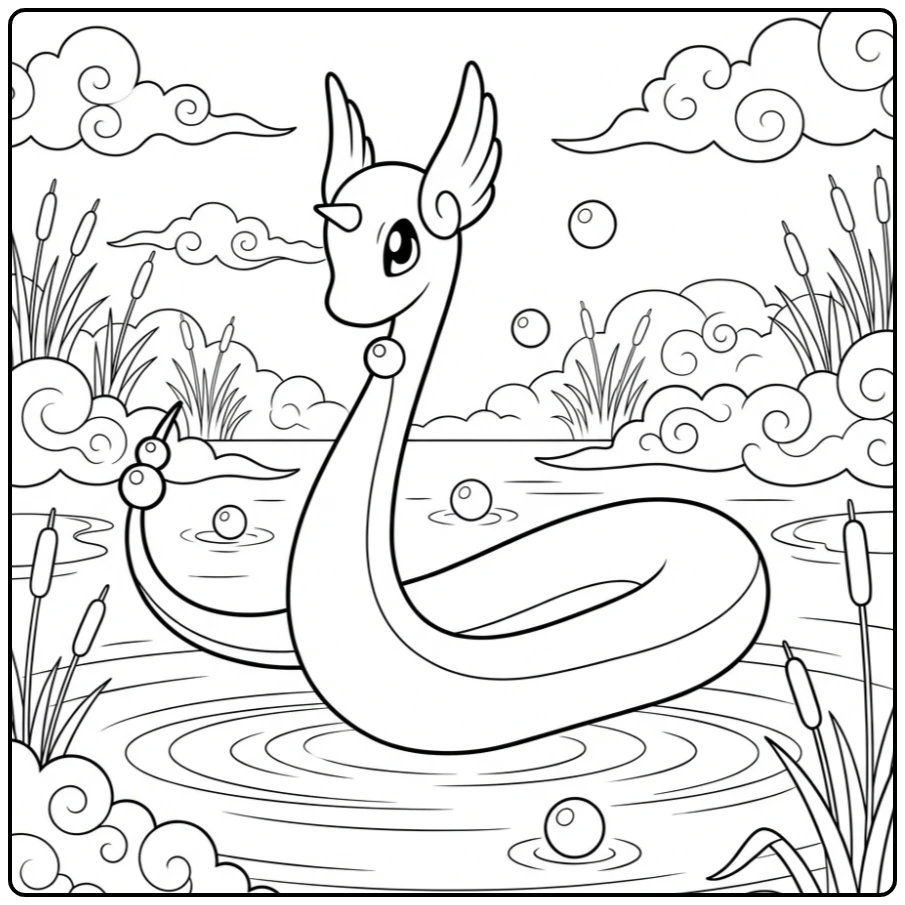 Mooie Pokemon Dragonair kleurplaat boven een kalm meer.