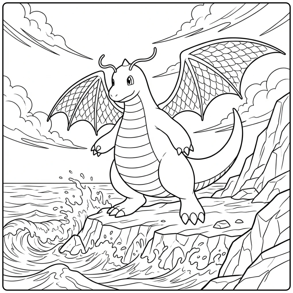 Heroïsche Pokemon Dragonite kleurplaat bij de ruige kust.