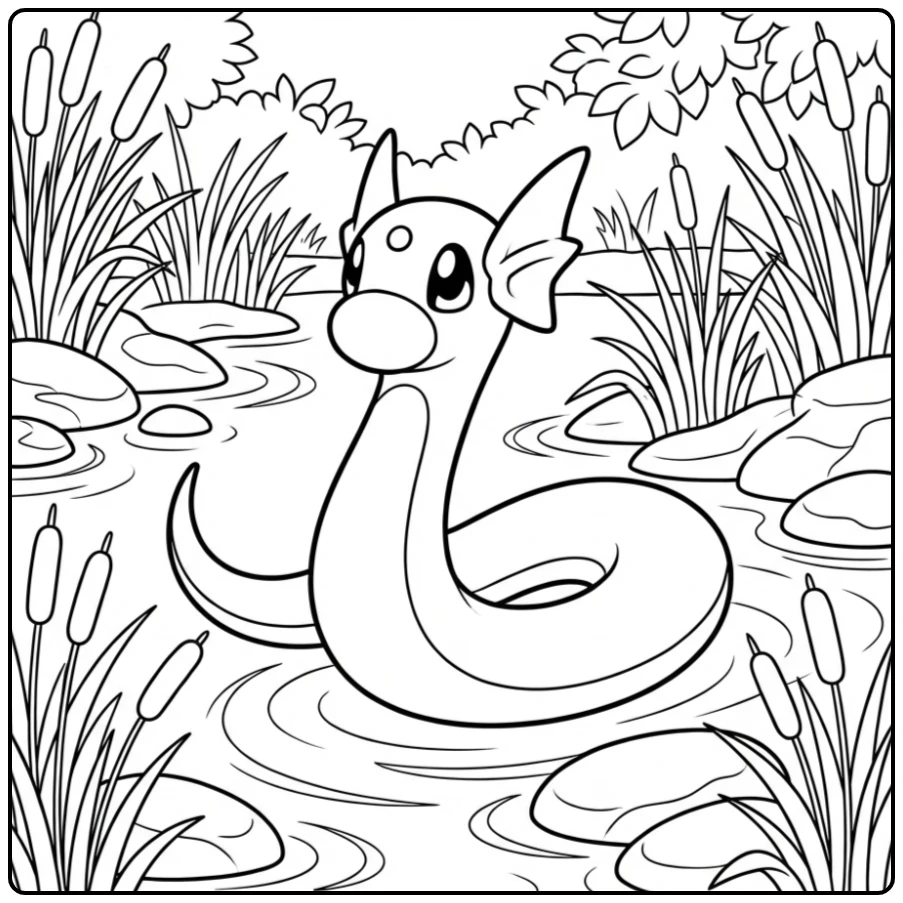 Mooie Pokemon Dratini kleurplaat bij een rustige rivieroever.