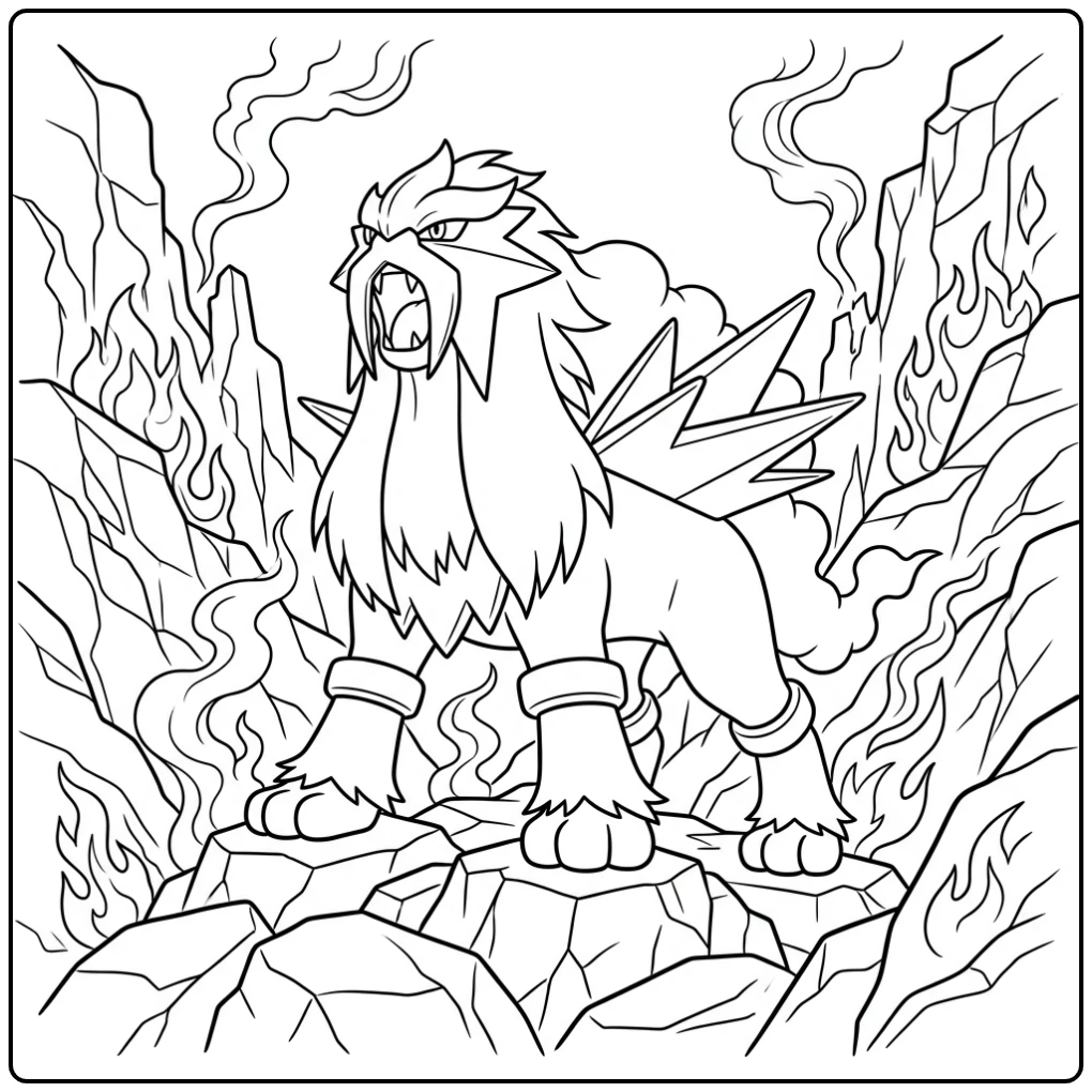 Prachtige Pokemon Entei kleurplaat brullend op een bergpas.