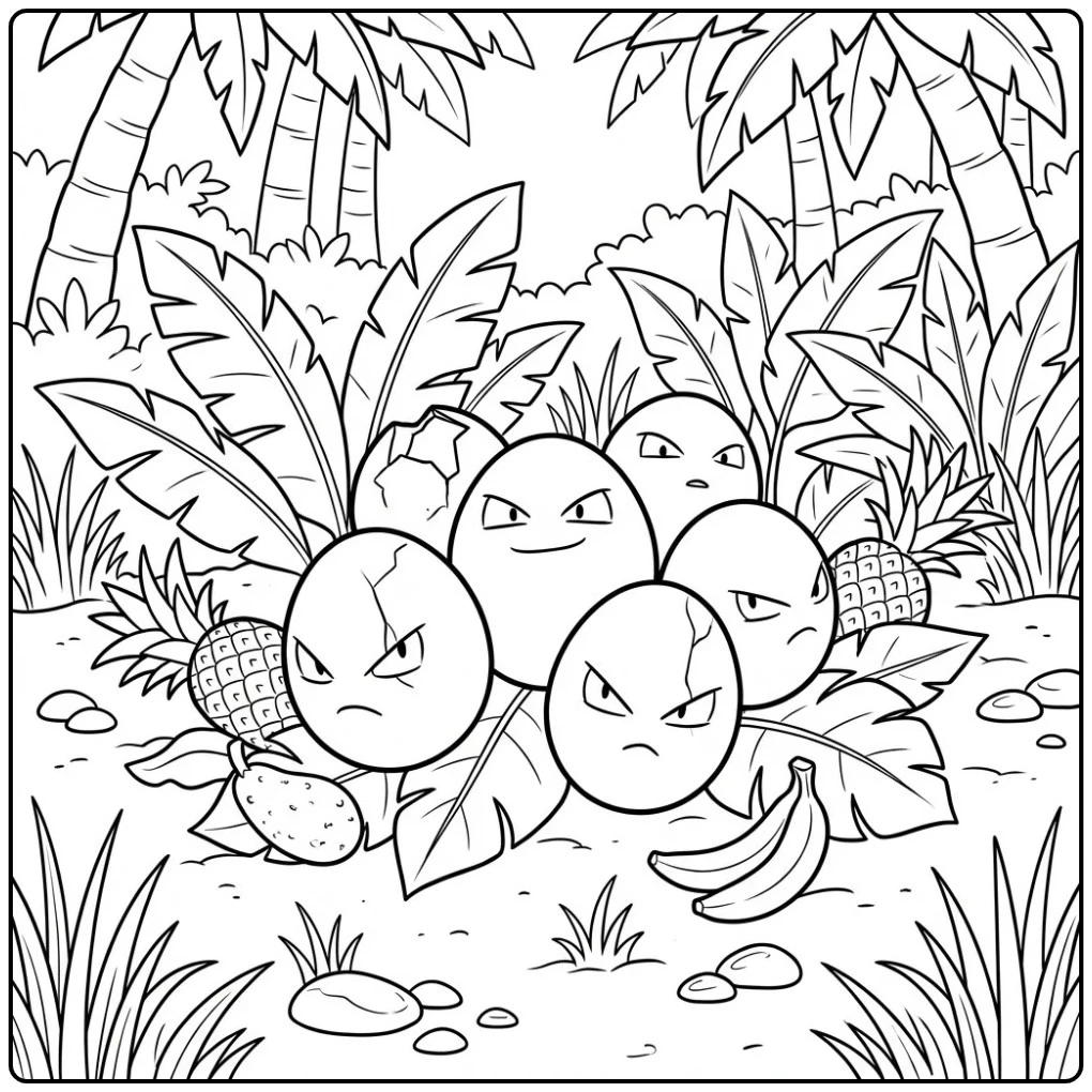 Leuke Pokemon Exeggcute kleurplaat in een tropisch bos.