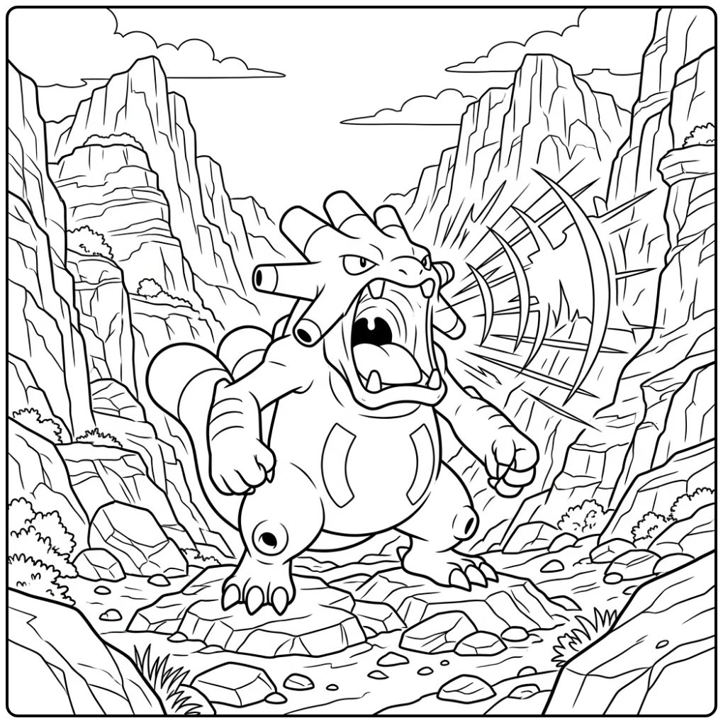 Mooie Pokemon Exploud kleurplaat in een bergvallei.