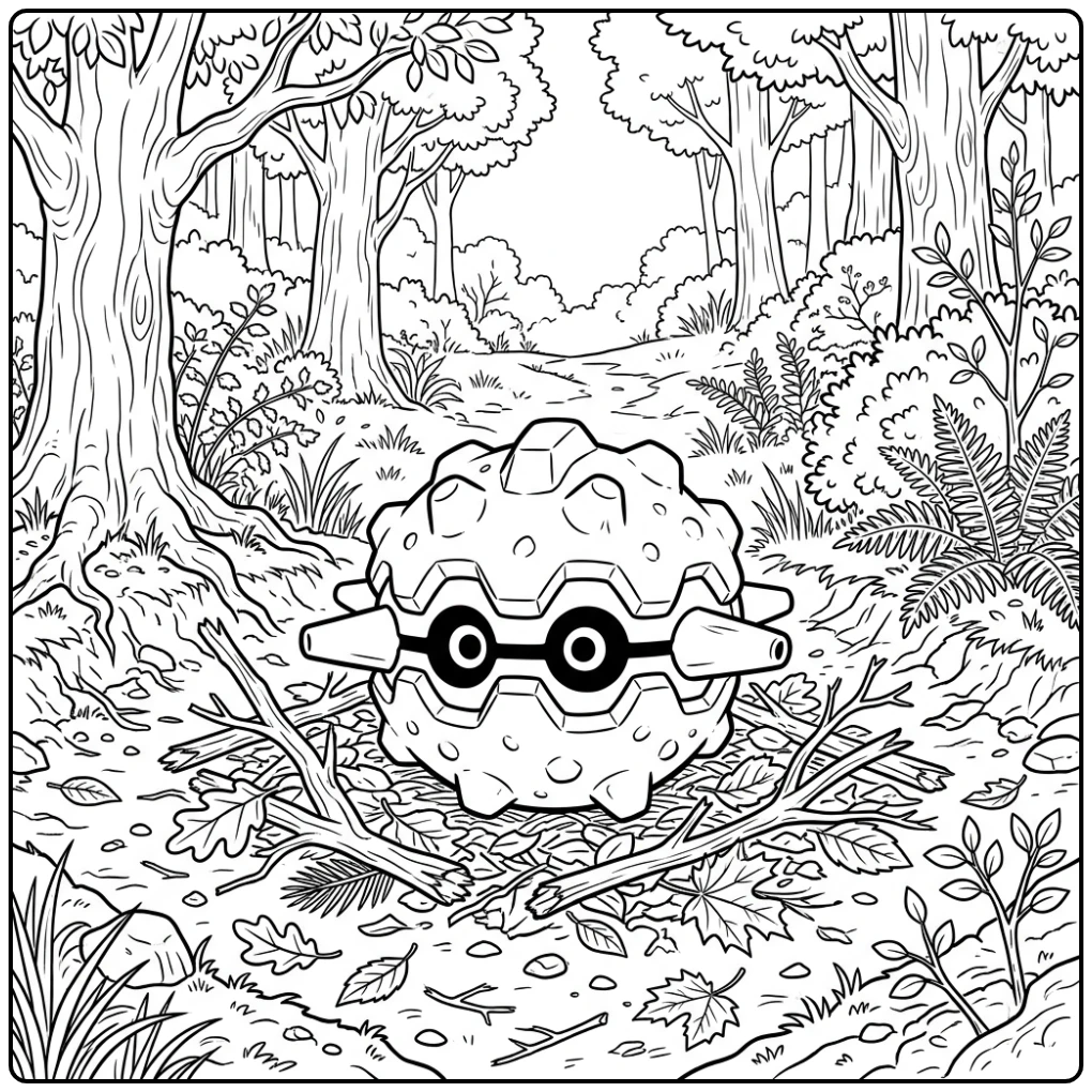 Prachtige Pokemon Forretress kleurplaat in een open bos.