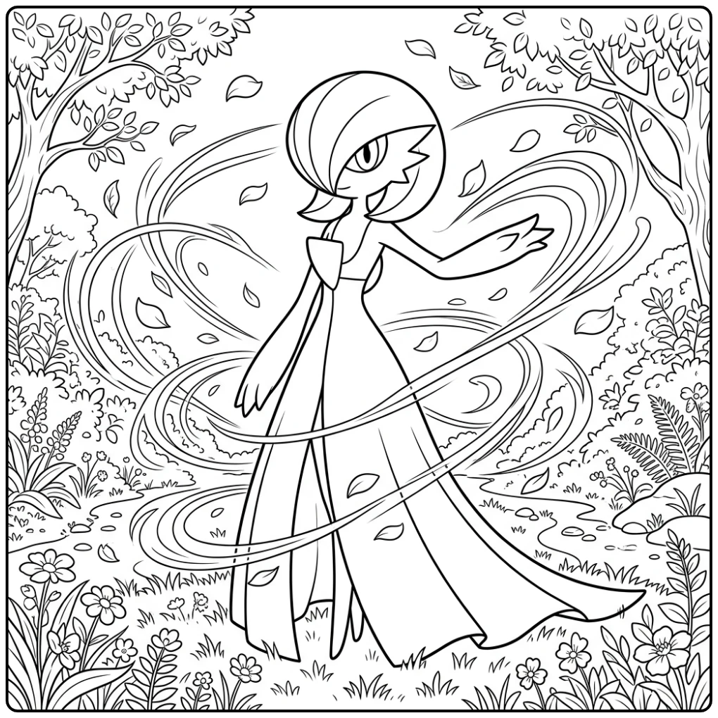 Pokemon Gardevoir kleurplaat met magische energie en bloemen.