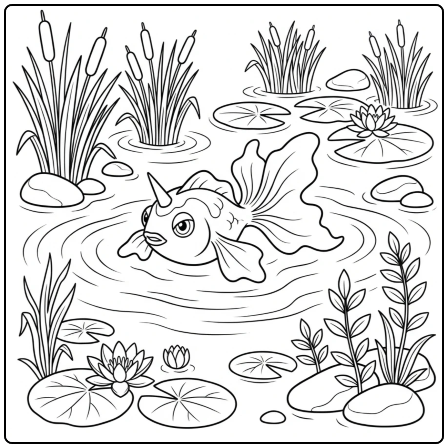 Mooie Pokemon Goldeen kleurplaat in een vijver met lelies.