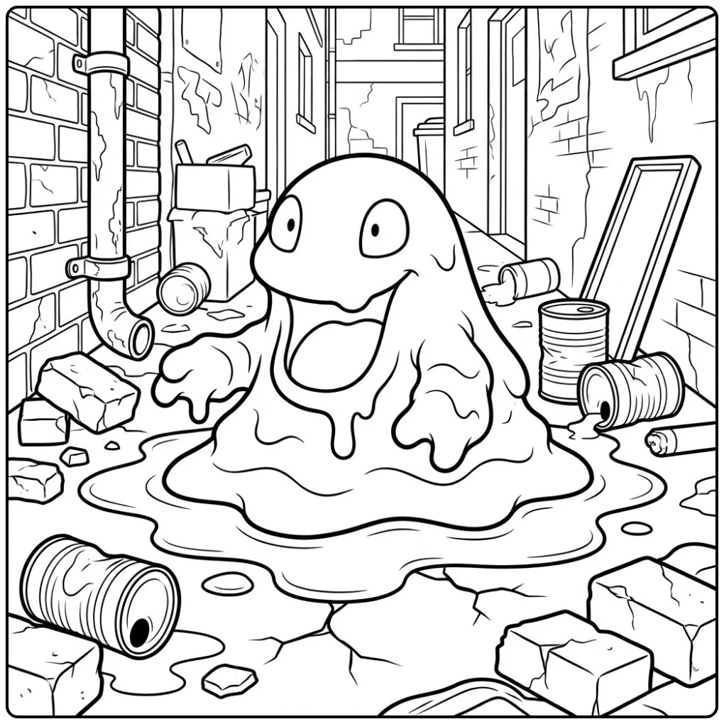 Leuke Pokemon Grimer kleurplaat in een donkere steeg.