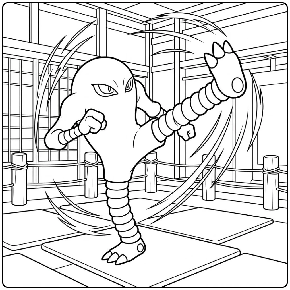 Actievolle Pokemon Hitmonlee kleurplaat in een trainingsdojo