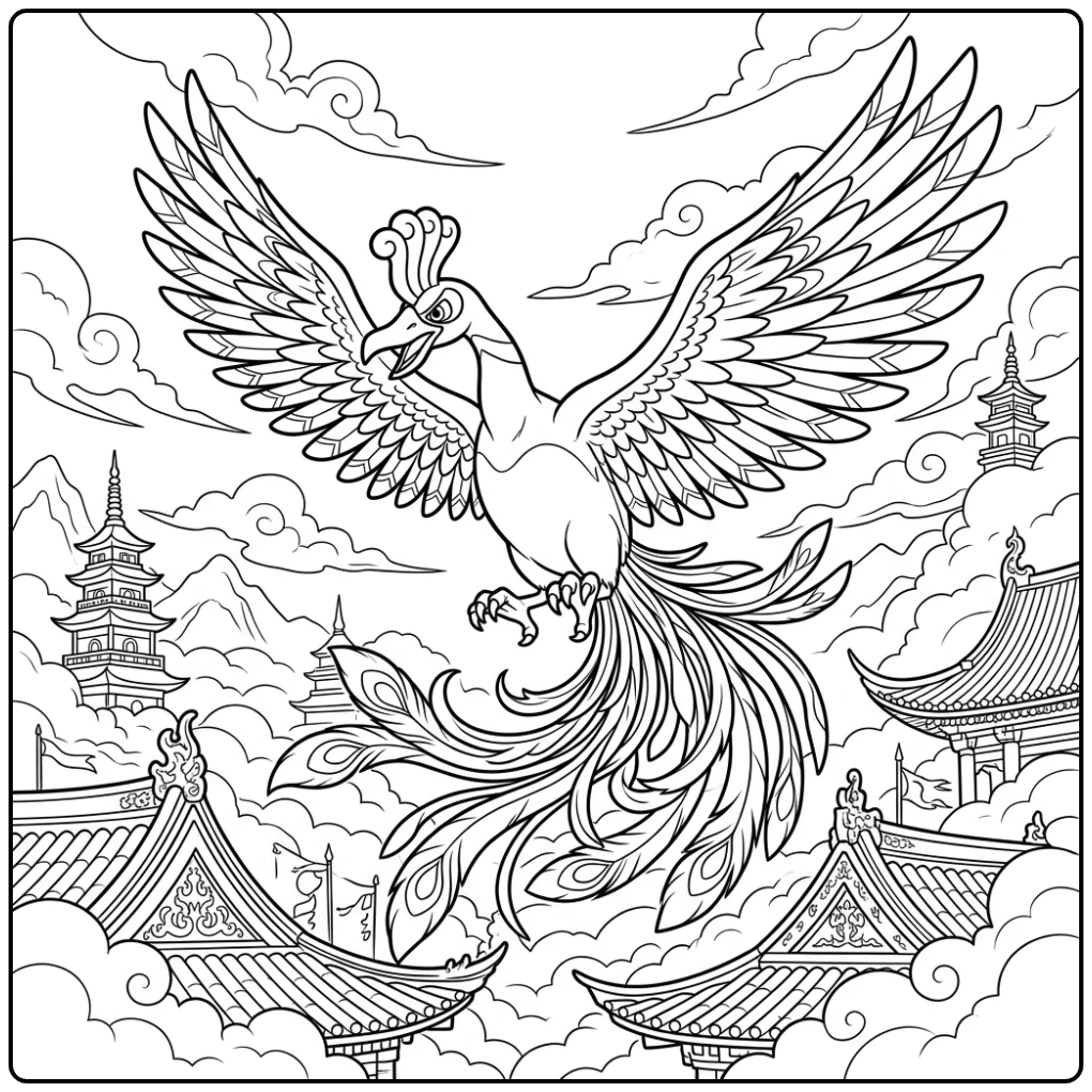 Prachtige Pokemon Ho-oh kleurplaat in de lucht tempel.