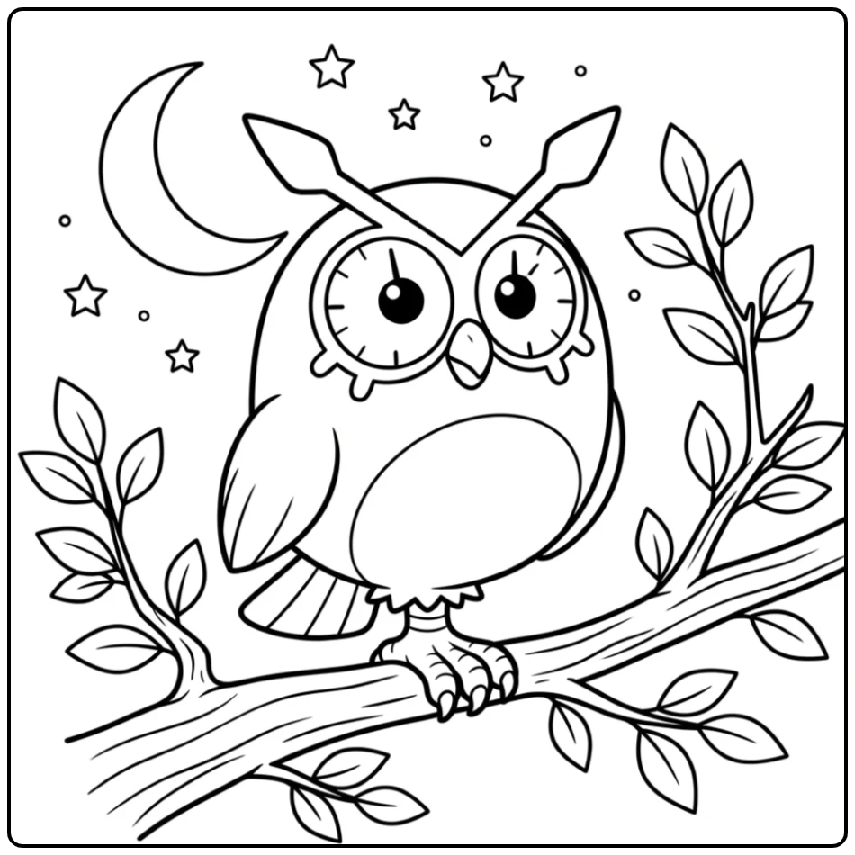 Pokemon Hoothoot kleurplaat met maan en sterren op een tak.