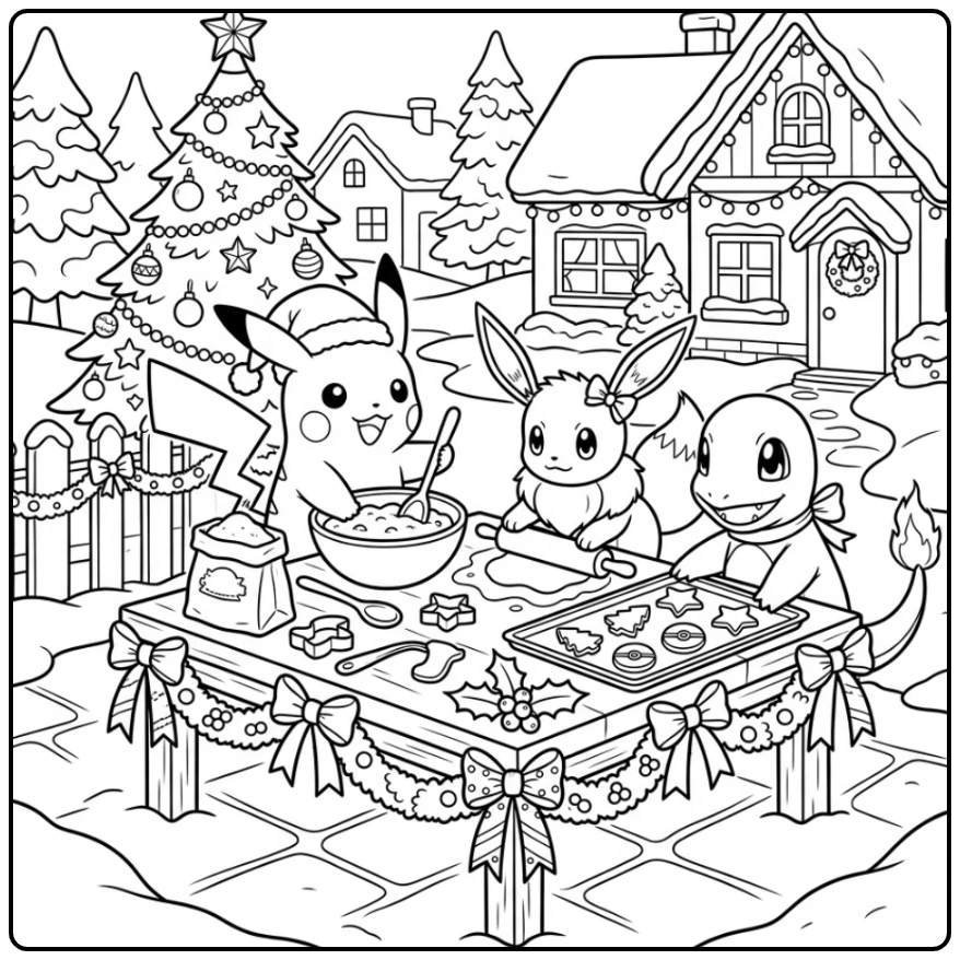 Pikachu, Eevee, Charmander bakken; pokemon kerst kleurplaat.