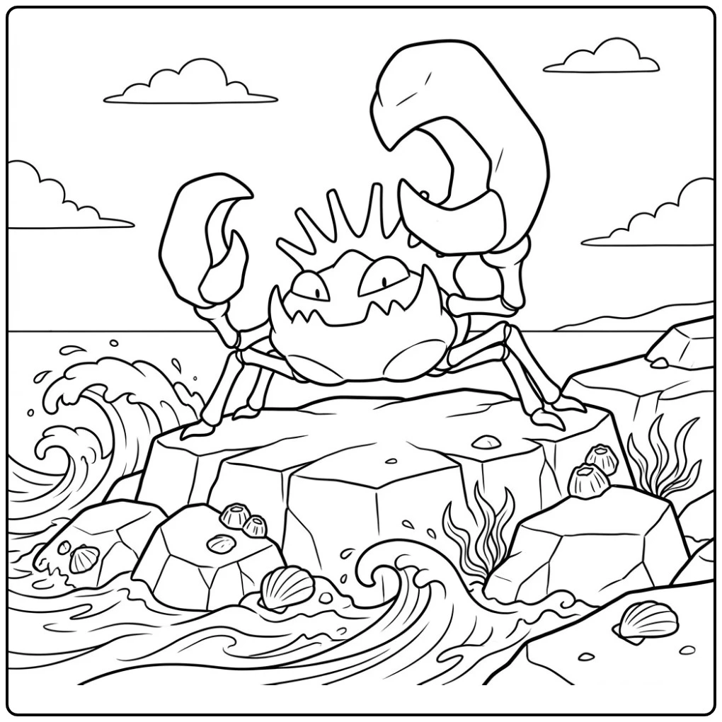 Actievolle Pokemon Kingler kleurplaat op een rots strand