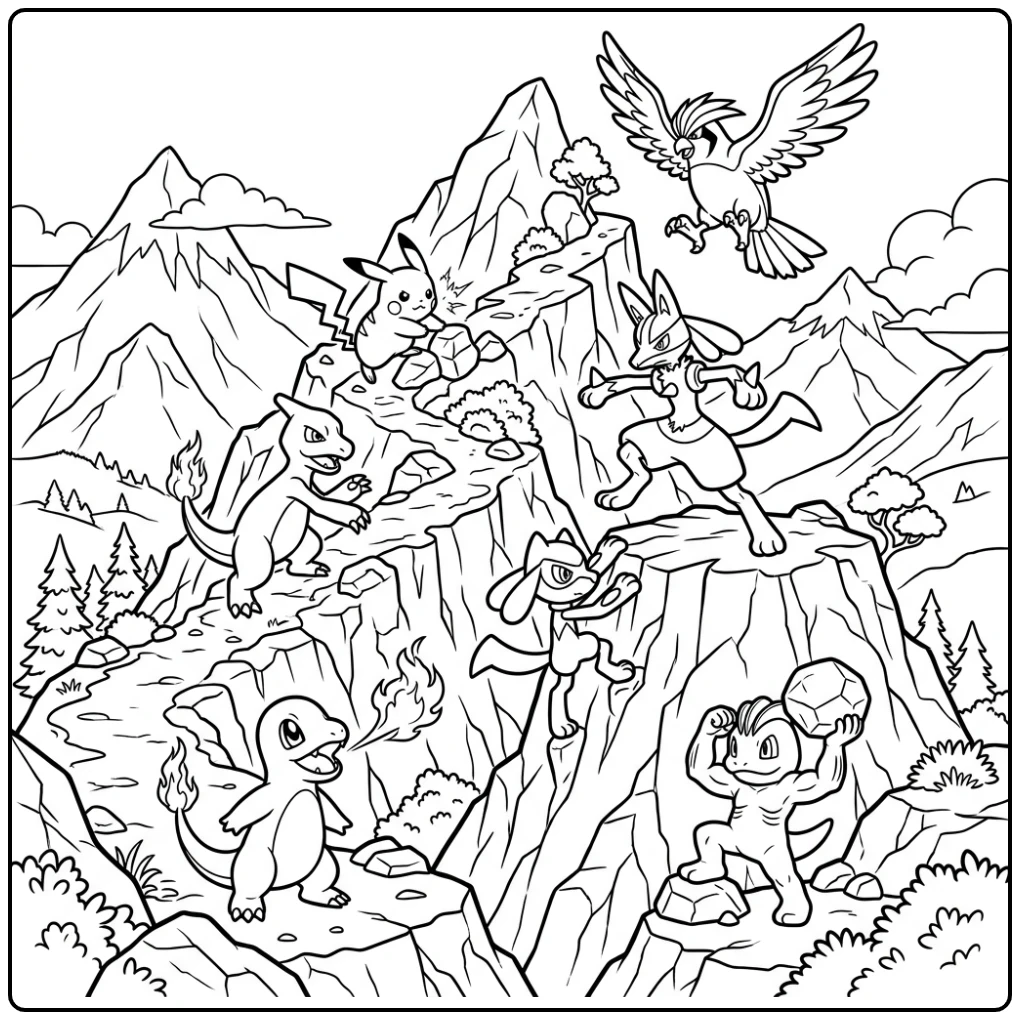 Pokemon kleurplaat van Pikachu en vrienden op een berg.