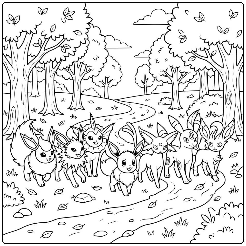 pokemon kleurplaat eevee evolutions: Eevee en vrienden op boswandeling.