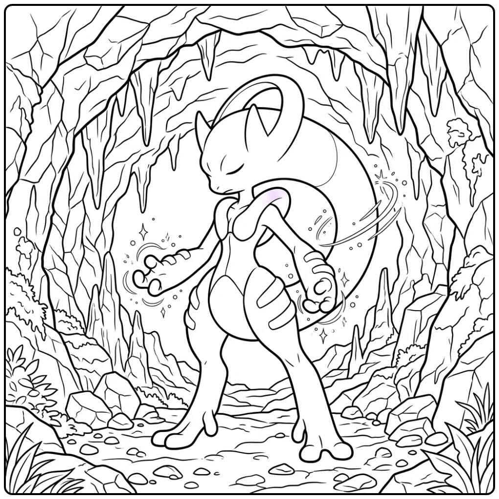 pokemon kleurplaat mega mewtwo die een grot bewaakt