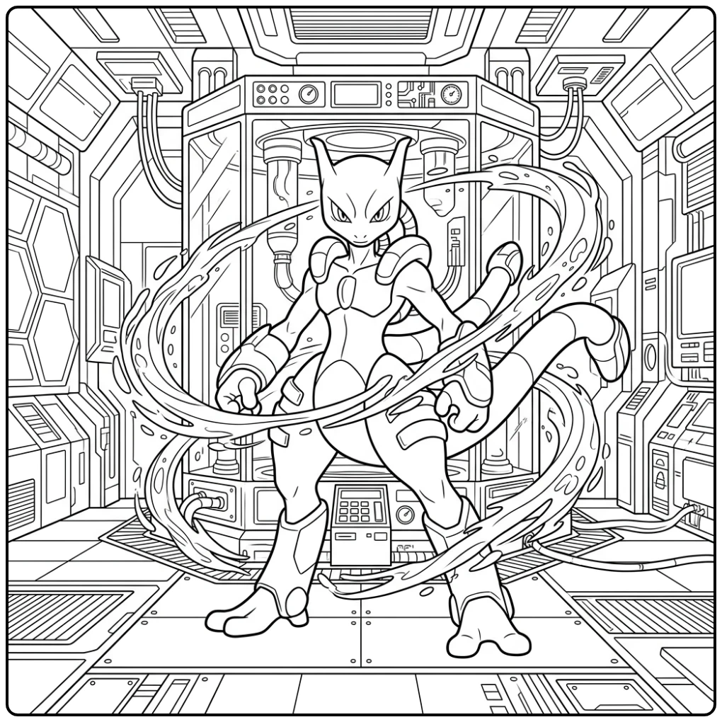 Krachtige pokemon kleurplaat mega mewtwo in een lab.