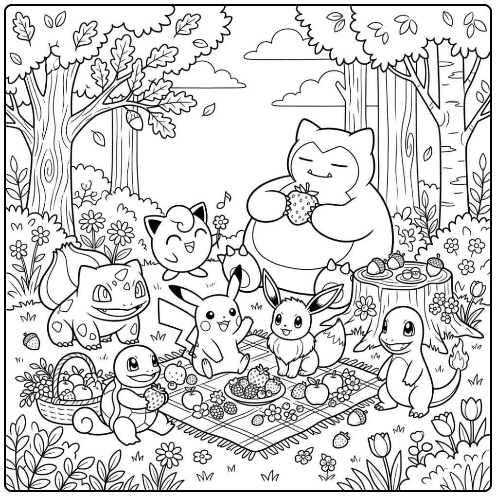 Gezellige picknick in het bos op deze Pokemon kleurplaat.