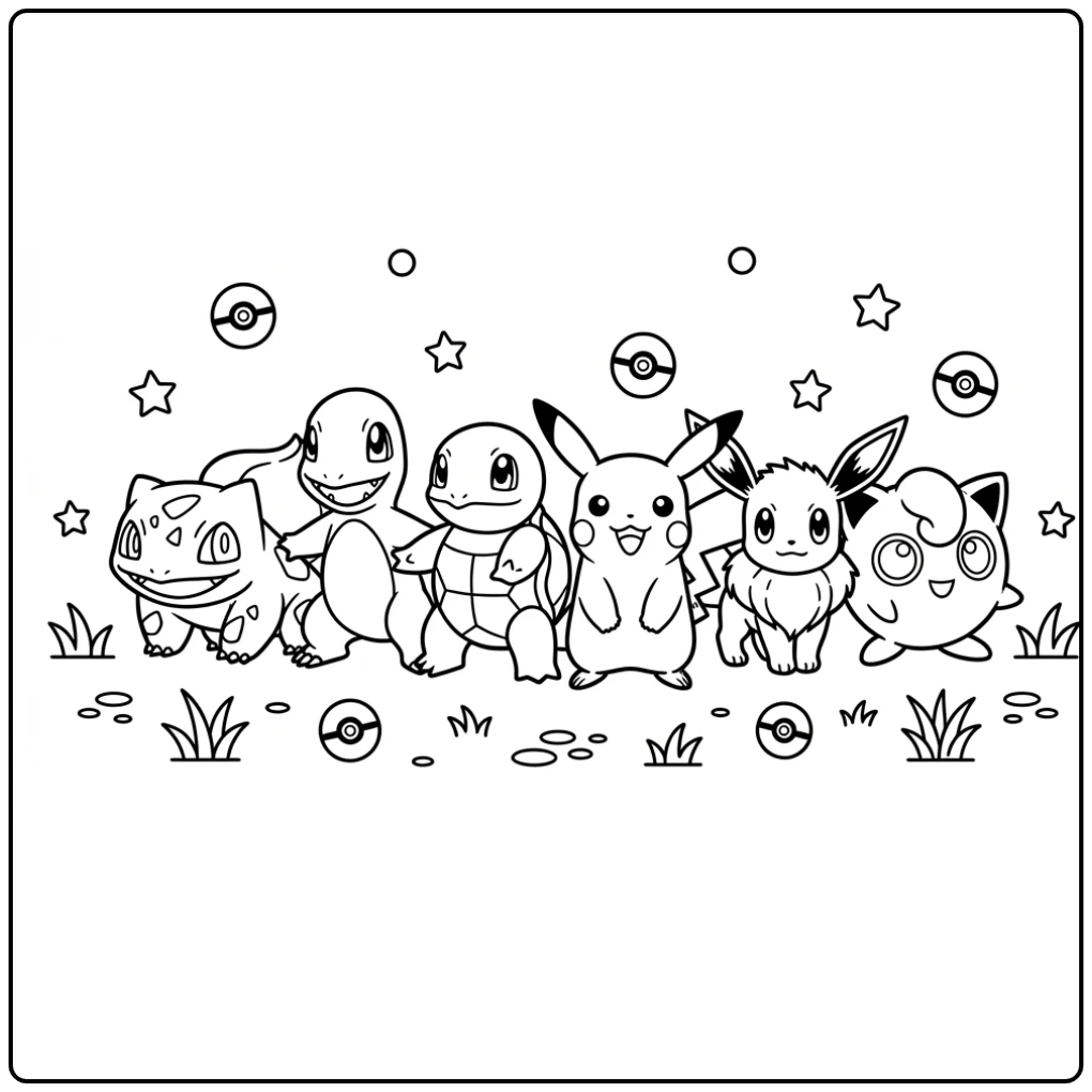 Leuke Pokemon kleurplaat van de eerste generatie met helden