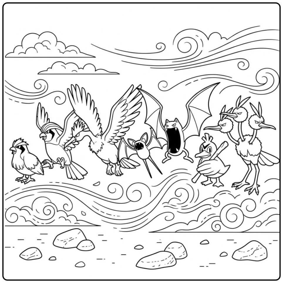 Vliegende Pokemon kleurplaat van de eerste generatie vogels.