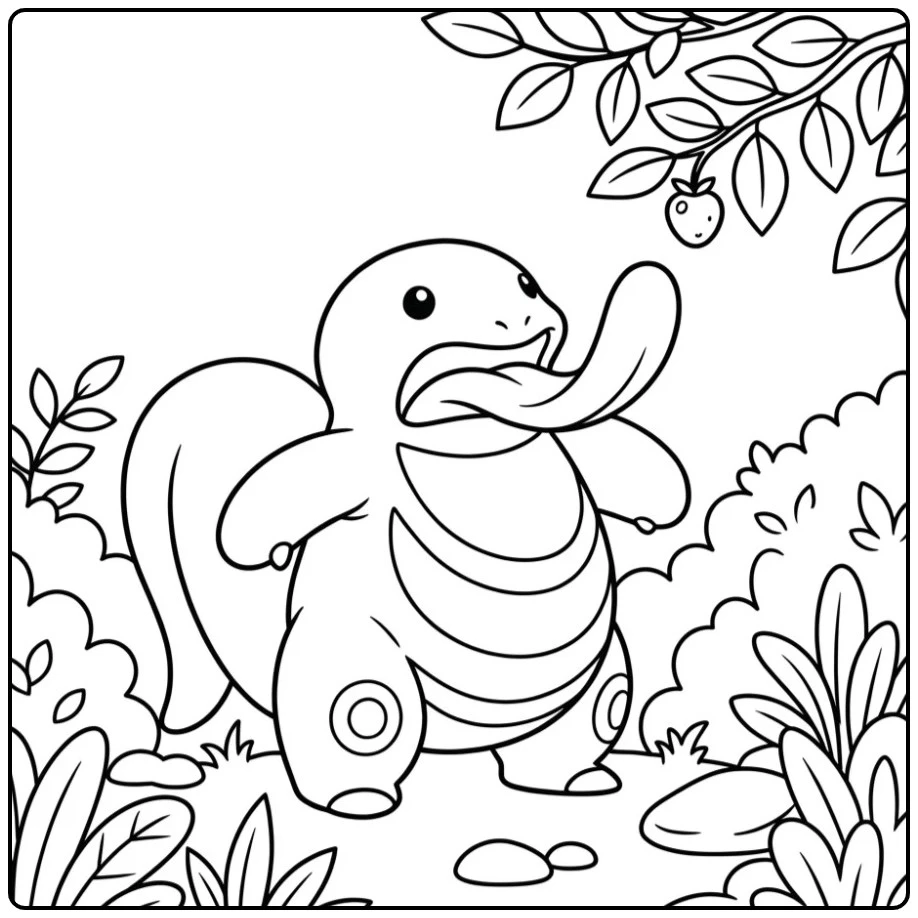 Leuke Pokemon Lickitung kleurplaat met een bes in de tuin.