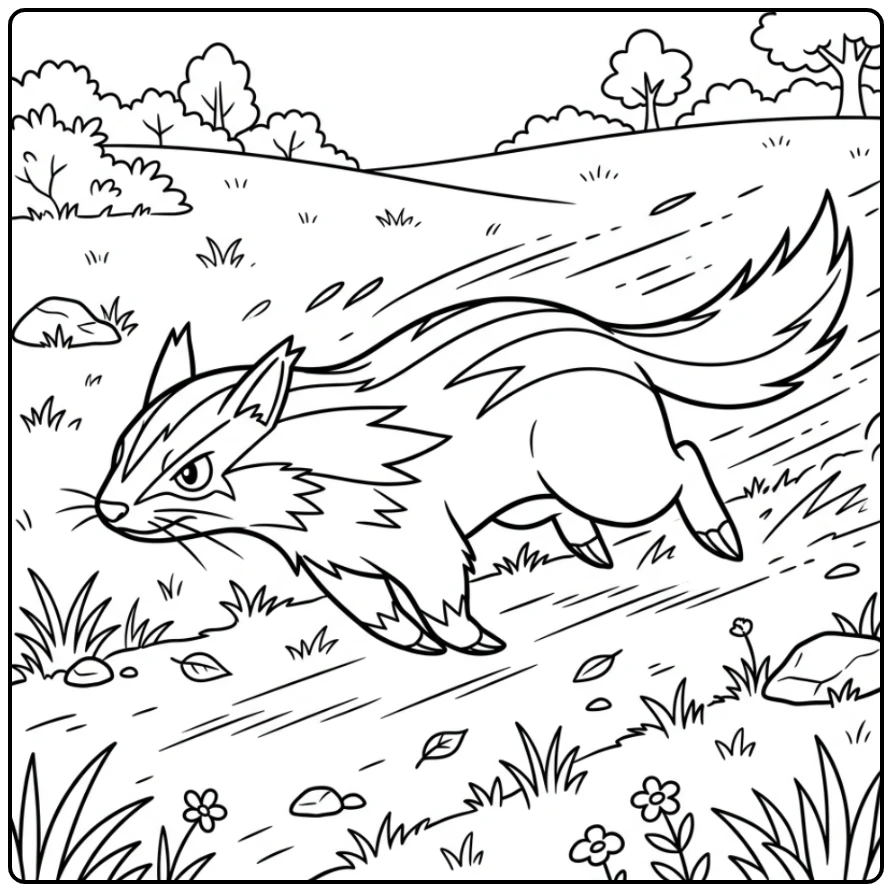 Snelle Pokemon Linoone kleurplaat in een grasveld.