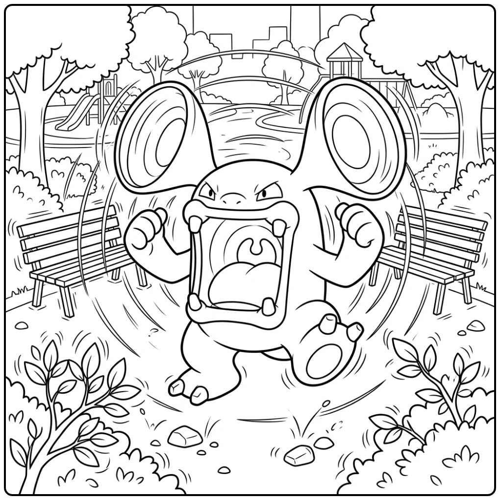 Levendige Pokemon Loudred kleurplaat in een stadspark.