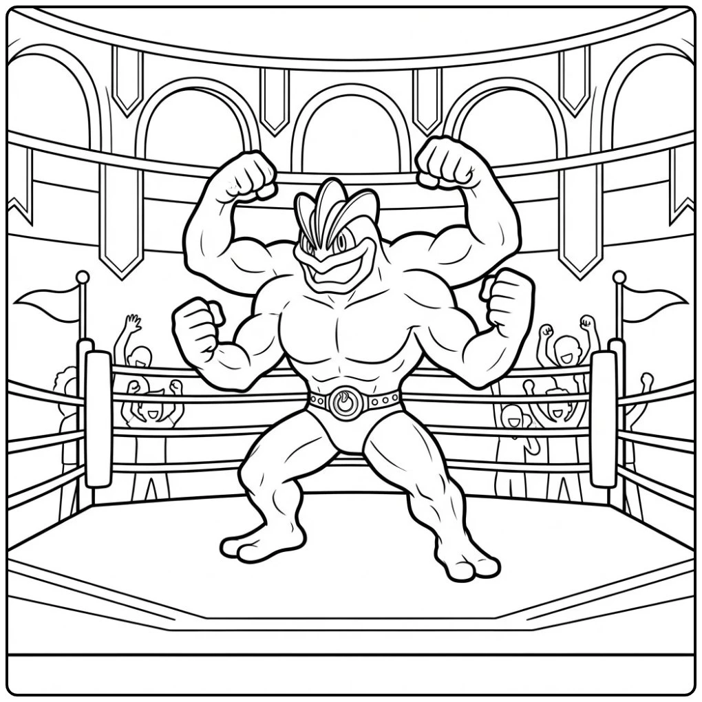 Stoere Pokemon Machamp kleurplaat in de strijd arena.
