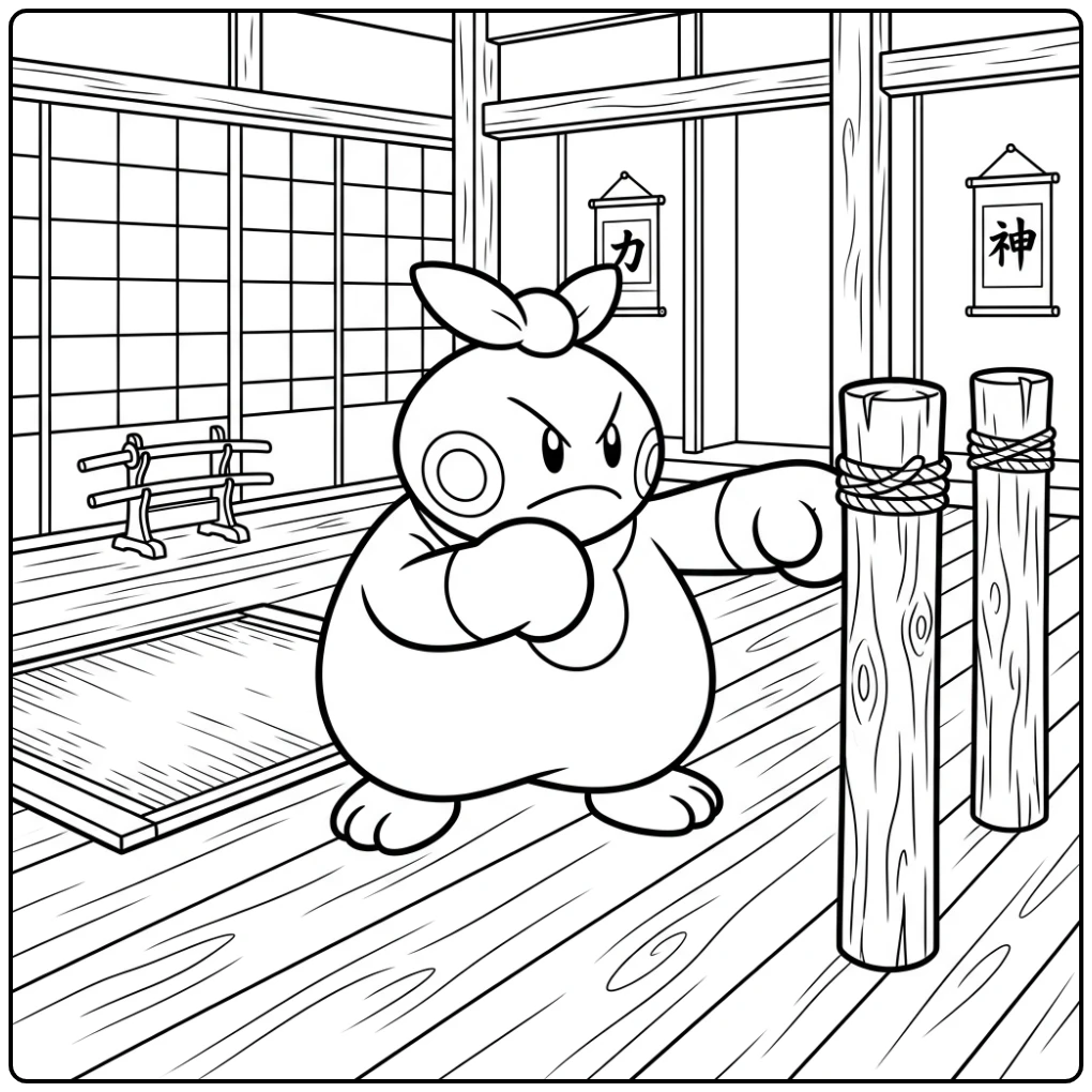 Actieve Pokemon Makuhita kleurplaat in een dojo.