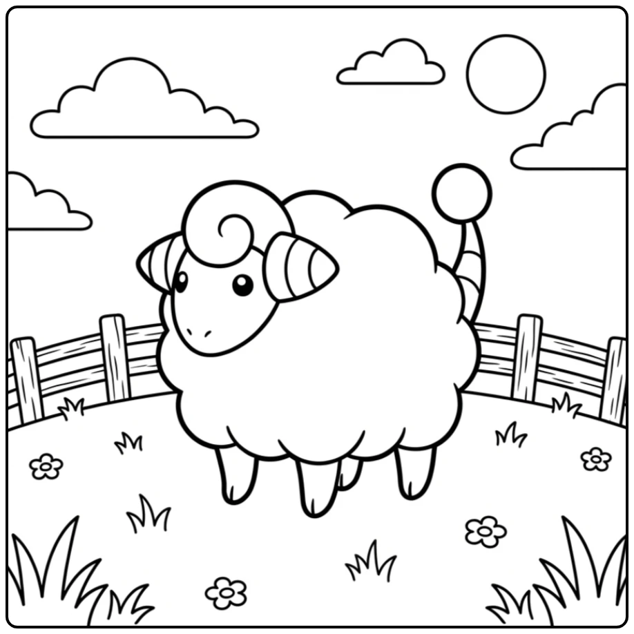 Leuke Pokemon Mareep kleurplaat in een zonnig weiland.